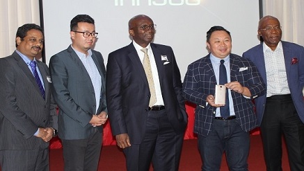 (L-r): Rakesh Rocque, country manager, InnJoo Mobile; Tim Chen, co-founder, TecSync Technology, makers of InnJoo Mobile; Dr.  Ernest Ndukwe, special guest and former CEO,  Nigerian Communication Commission (NCC); Jack Lee, president, TecSync Technology, and Leo Stan Ekeh chairman on the occasion, at the official launch of the InnJoo Max 3 at Sheraton Hotel,  Ikeja... on Monday